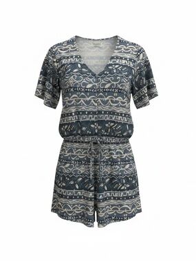 Shenanigans Blue Patterned V-Neck Romper drawstring waist button top. Size med